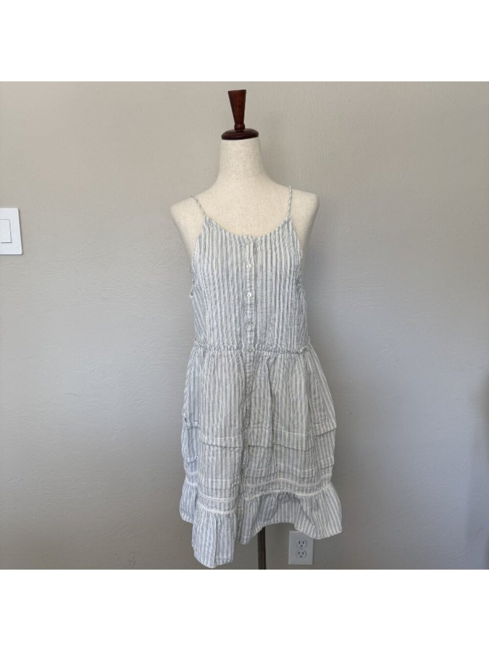 Free People Striped Tiered Sundress Blue White Low Back Tie Strap Mini Dress M